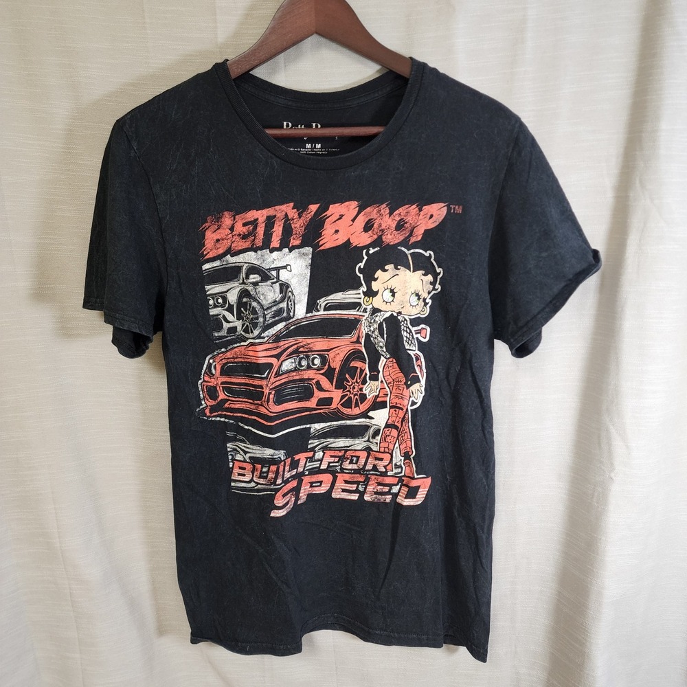 Betty Boop Built For Speed Graphic T-Shirt Mens Medium Black Racing Cars Cotton